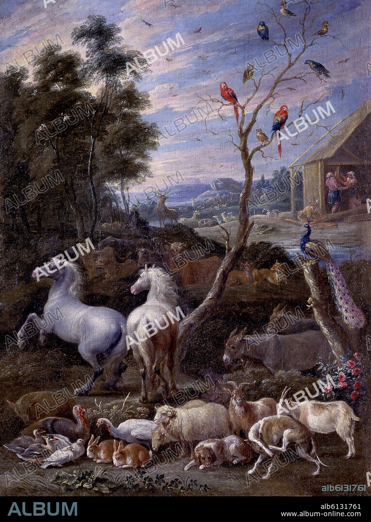 LAMBERT DE HONDT I. 'The Building of Noah's Ark', Oil on canvas, 56.5 x 42.5 cm.