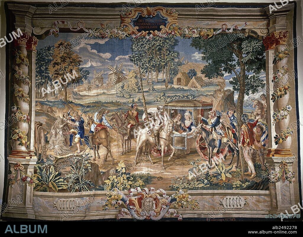 Don Quixote and Sancho Panza.  18th century Spanish tapestry depicting the central characters in "The Ingenious Gentleman Don Quixote of La Mancha" by Miguel de Cervantes Saavedra (1547-1616). Royal Palace. Madrid. Spain. National Heritage.
