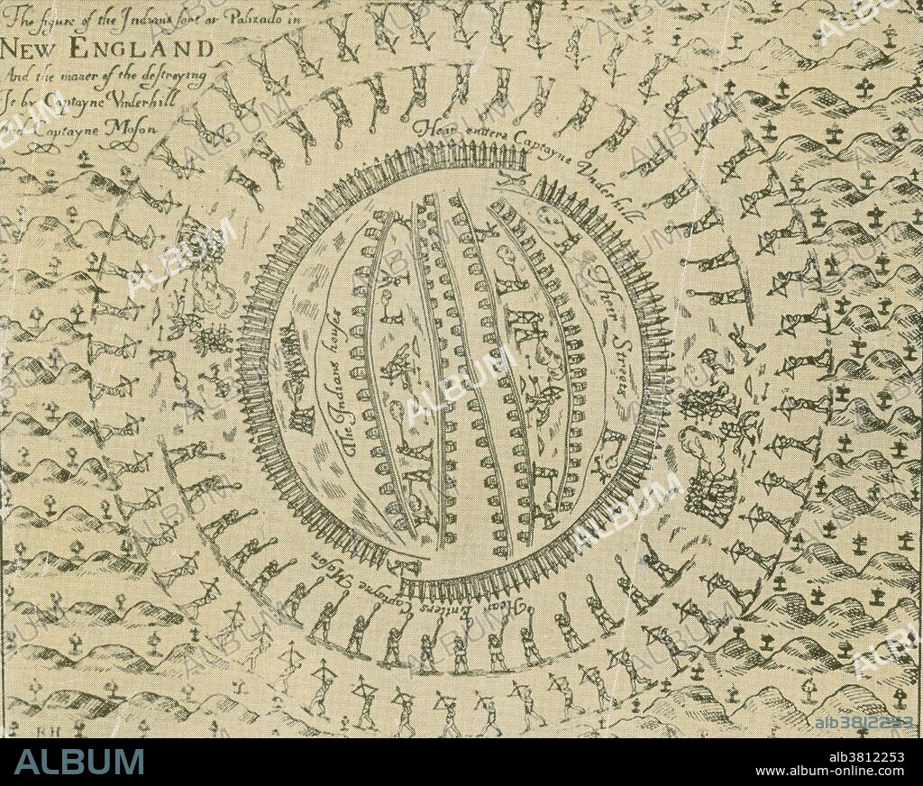 Engraving depicting the attack on the Pequot fort, published in 1638 shows the first surrounded by an inner ring of Colonial musketeers and an outer ring of their Mohegan allies.The Mystic massacre took place on May 26, 1637, during the Pequot War, when English settlers under Captain John Mason, and Narragansett and Mohegan allies set fire to a fortified Pequot village near the Mystic River. They shot and killed the entire village, consisting mostly of women and children, in retaliation for previous Pequot attacks. The Pequot War was an armed conflict spanning the years 1634-1638 between the Pequot tribe against an alliance of the Massachusetts Bay, Plymouth, and Saybrook colonies who were aided by their Native American allies the Narragansett and Mohegan tribes. At the end of the war, about seven hundred Pequots had been killed or taken into captivity. It would take the Pequot more than three and a half centuries to regain political and economic power in their traditional homeland region along the Pequot and Mystic rivers in what is now southeastern Connecticut.