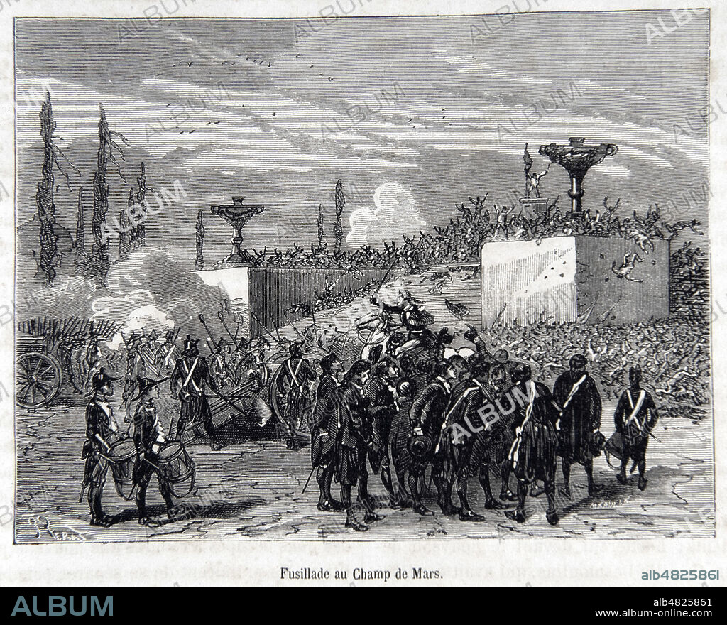 'Fusillade au Champ de Mars' le 17 juillet 1791. Suite a la fuite de Varennes, des petitions organisees par le club des Jacobins circulent pour exiger la decheance du roi, mais l'Assemblee Constituante le retablit dans ses fonctions. La garde nationale tire sur des milliers de petitionnaires rassembles sur le Champ-de-Mars et font des dizaines de morts. Illustration par Ferat tiree de l'Histoire de France populaire tome 3, par Henri Martin (1810-1883) vers 1870. Credit : Collection Grob/KHARBINE-TAPABOR.