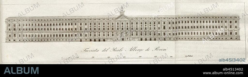 Facade of the Reale Albergo di Poveri, Real Albergo dei Poveri (Palazzo Fuga) in Naples (Italy), Fig. 4, according to p. 90, 1838, Giuseppe Maria Galanti: Napoli e contorni. Napoli: presso Borel e Comp., 1838.