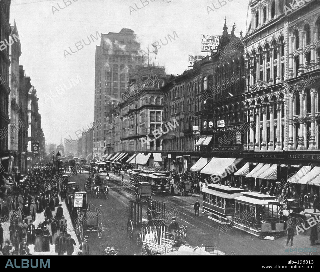 State Street, Chicago, Illinois, USA, c1900. Trams and pedestrians in a busy street scene on one of downtown Chicago's main shopping streets. It is referred to in the song 'Chicago (That Toddlin' Town)' as 'State Street, that great street.' From Scenic Marvels of the New World edited by Prof. Geo.R. Cromwell. [C.N.Greig & Co., c1900].
