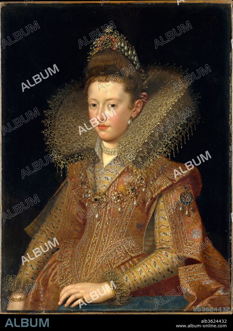 FRANS POURBUS EL JOVEN. Margherita Gonzaga (1591-1632), Princess of Mantua. Artist: Frans Pourbus the Younger (Netherlandish, Antwerp 1569-1622 Paris). Dimensions: 36 1/2 × 27 1/4 in. (92.7 × 69.2 cm).
Pourbus was court painter of Archduke Albert in Brussels when in 1600 he went to Italy at the invitation of Vincenzo Gonzaga, Duke of Mantua. This portrait must depict the Duke of Mantua's daughter, Margherita, to judge from Pourbus's full-length portrait of her dated 1605 in the Uffizi, Florence. In this period Rubens also worked for Vincenzo Gonzaga, but he eagerly left the painting of formal portraits and a gallery of "beauties" to Pourbus, who in 1611 became Maria de' Medici's court painter in Paris.