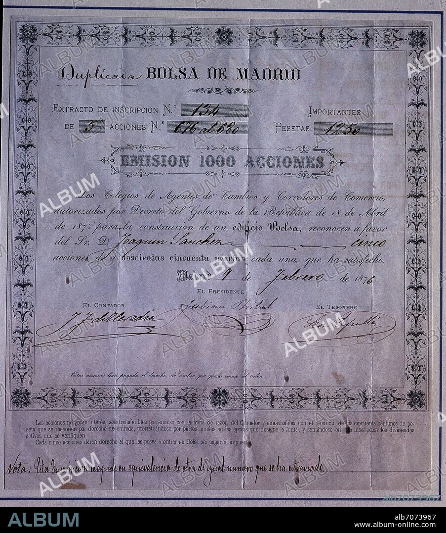 AUTOR LIBRE 01307. EMISION DE 1000 ACCIONES DE LA BOLSA DE MADRID 9/2/1876.
