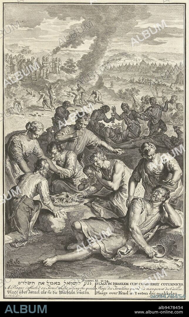 Israelites get sick from the quails they eat, Abraham de Blois, after Gerard Hoet (I), 1720 - 1728, At the camp of the Israelites, large quantities of quails are brought in by the wind. The Israelites are insatiable and continue to eat quail after which they are punished by God with illness and death. Below the image is the title in six different languages., print maker: Abraham de Blois, (mentioned on object), intermediary draughtsman: Gerard Hoet (I), (mentioned on object), publisher: Pieter de Hondt, print maker: Amsterdam, publisher: The Hague, 1720 - 1728, paper, engraving, h 354 mm × w 220 mm.