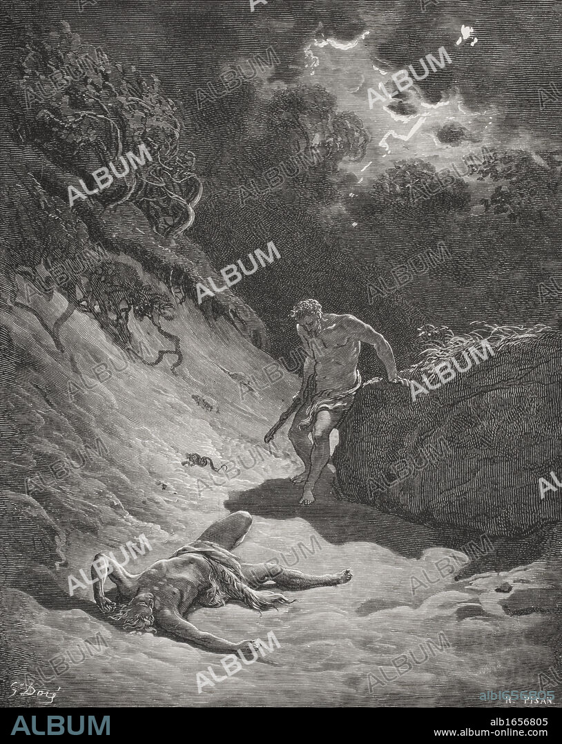 Engraving from The Dore Bible illustrating Genesis iv 6 to 12 The Death of Abel by Gustave Dore 1832-1883 French artist and illustrator.