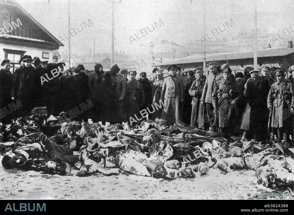 Red victims of the White Army in Siberia. The Russian Civil War (November 1917 - October 1922) was a multi-party war in the former Russian Empire immediately after the Russian Revolutions of 1917, as many factions vied to determine Russia's political future. The two largest combatant groups were the Red Army, fighting for the Bolshevik form of socialism, and the loosely allied forces known as the White Army, which included diverse interests favoring monarchism, capitalism and alternative forms of socialism, each with democratic and antidemocratic variants. There were an estimated 7,000,000-12,000,000 casualties during the war, mostly civilians. The Russian Civil War has been described by some as the greatest national catastrophe that Europe had yet seen. No photographer credited, undated.