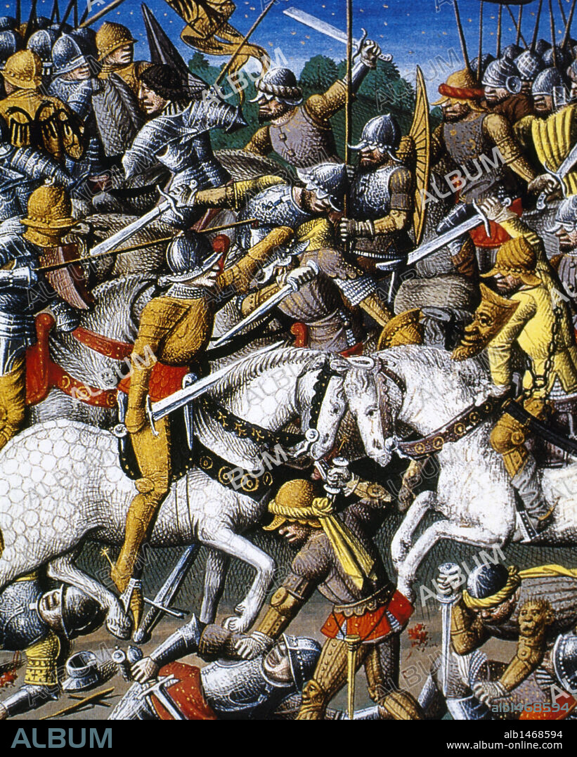 Victoria de Heraclio sobre los sarracenos. Fol. 65v. Miniatura en Le Miroir Historial de Vincent de Beauvais (h.1190-h.1264). Escuela francesa. Siglo XV. Museo Conde. Castillo de Chantilly. Francia.