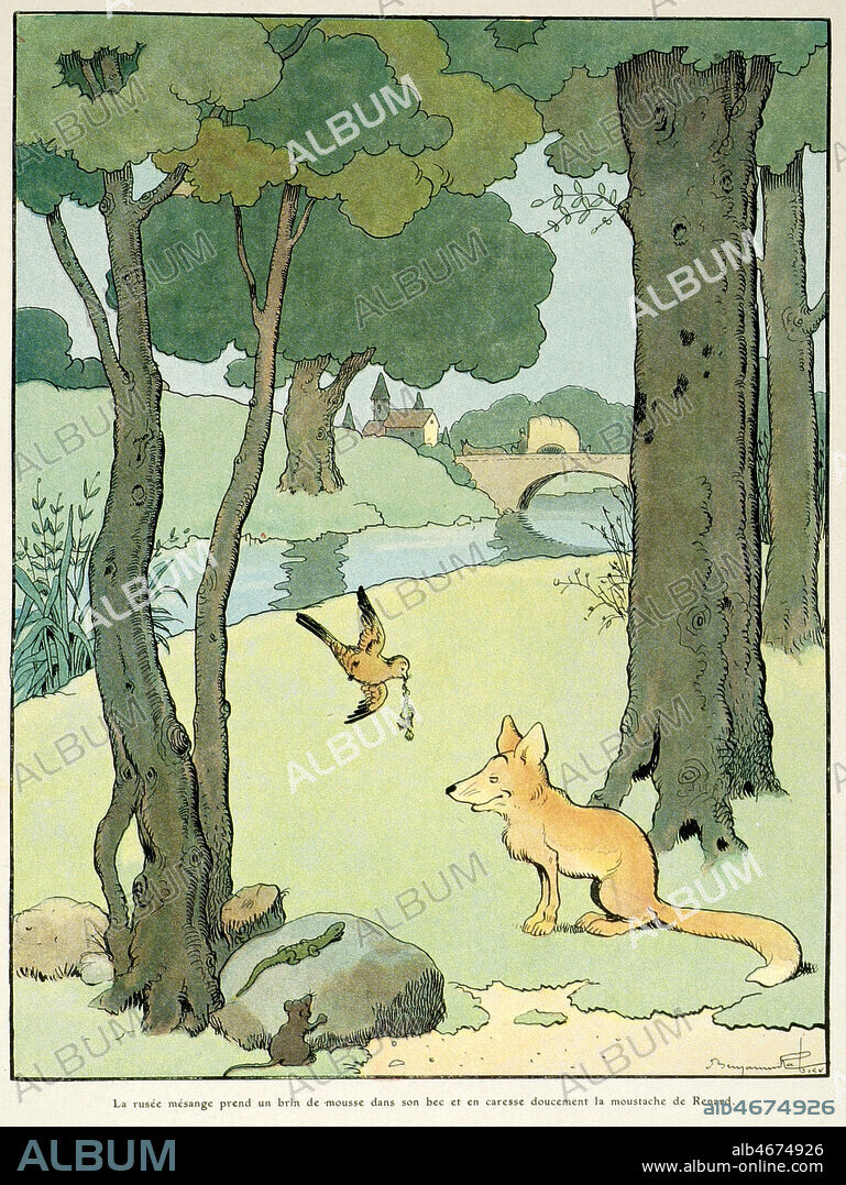 La rusee mesange prend un brin de mousse dans son bec et en caresse doucement la moustache de Renart. Illustration de1909 par Benjamin RABIER (1864-1939) pour Le Roman du Renard.Credit : Collection Grob/KHARBINE-TAPABOR.