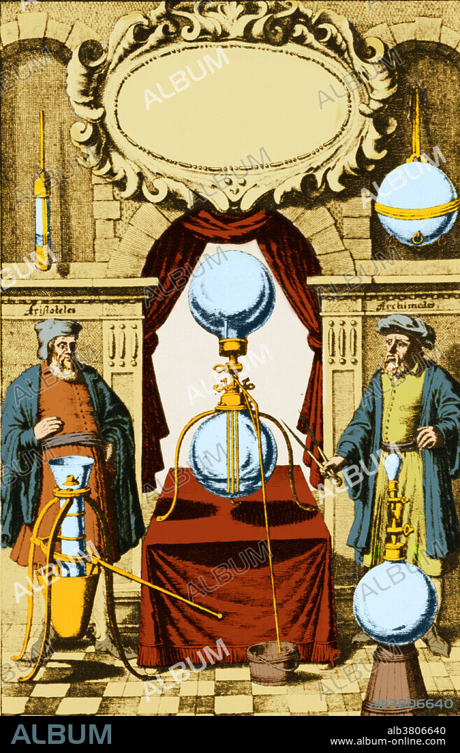 Historical engraving showing a vacuum pump experiment carried out by the 17th century German scientist and inventor Otto von Guericke (1602 -1686). Otto von Guericke invented the first vacuum pump in 1654. He conducted his Magdeburg hemispheres experiment to show that two teams of horses could not separate two hemispheres from which the air had been evacuated.