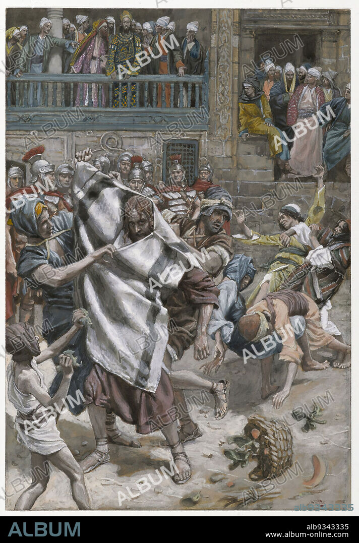 Jesus Before Herod, Jésus devant Hérode, The Life of Our Lord Jesus Christ, La Vie de Notre-Seigneur Jésus-Christ, James Tissot, French, 1836-1902, Opaque watercolor over graphite on gray wove paper, France, 1886-1894, Image: 7 13/16 x 5 in., 19.8 x 12.7 cm, animal, battle, Bible, biblical, brawl, Catholicism, christ, Christian, Christianity, colorfull, european, fight, French, God, Herod, Jesus, Luke 23:4-11, man, mob, New Testament, painting, portrait, relgious, Religion, religious, Roman, struggle, Tissot, tussle, watercolor.