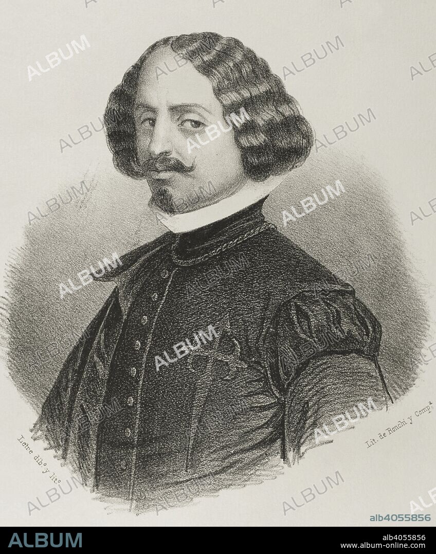 Diego Rodríguez de Silva y Velázquez (1599-1660). Pintor barroco español. Dibujo por Letre. Litografía. Retrato. Crónica General de España, Historia Ilustrada y Descriptiva de sus Provincias. Andalucía, 1867. Biblioteca Histórico Militar de Barcelona, Cataluña, España.