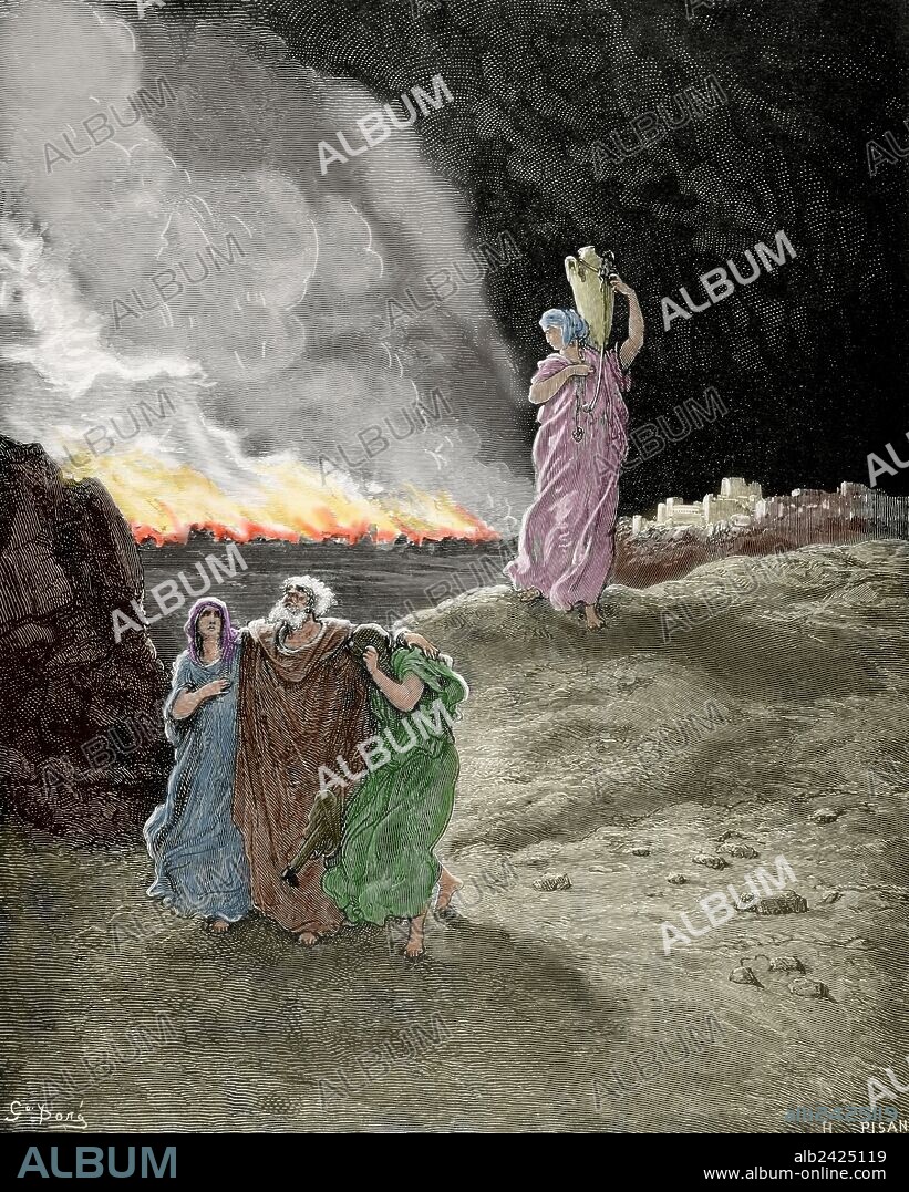 PAUL GUSTAVE DORÉ. LOT. Personaje bíblico, hijo de Harán. Huyó de Sodoma antes de su destrucción, avisado por ángeles de Yahveh. La mujer de Lot, Edith, al darse la vuelta, desobedeciendo, se convertió en estatua de sal. Grabado por H. Pisan de "LA FUGA DE LOT". Dibujo de Doré. Génesis. Capítulo XIX. Coloreado.