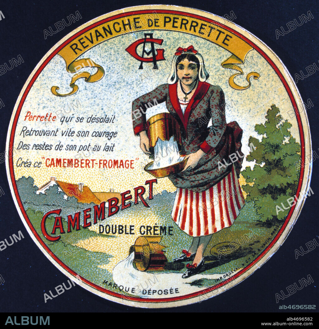 'Revanche de Perrette. Camembert double creme'. Etiquette de fromage vers 1910. Credit : Coll. Perrin/KHARBINE-TAPABOR.