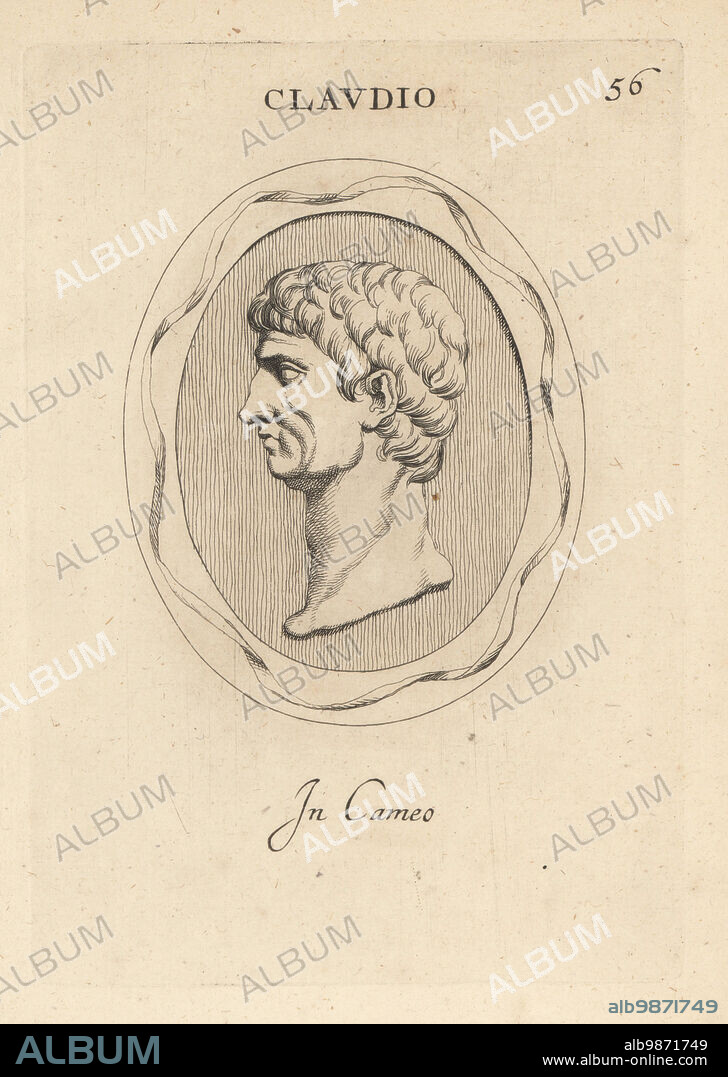 Bust of Emperor Claudius, Tiberius Claudius Caesar Augustus Germanicus, fourth Roman emperor, ruling from AD 41 to 54. Claudio. In cameo of celestial blue on sardonyx base. Copperplate engraving by Giovanni Battista Galestruzzi after Leonardo Agostini from Gemmae et Sculpturae Antiquae Depicti ab Leonardo Augustino Senesi, Abraham Blooteling, Amsterdam, 1685.