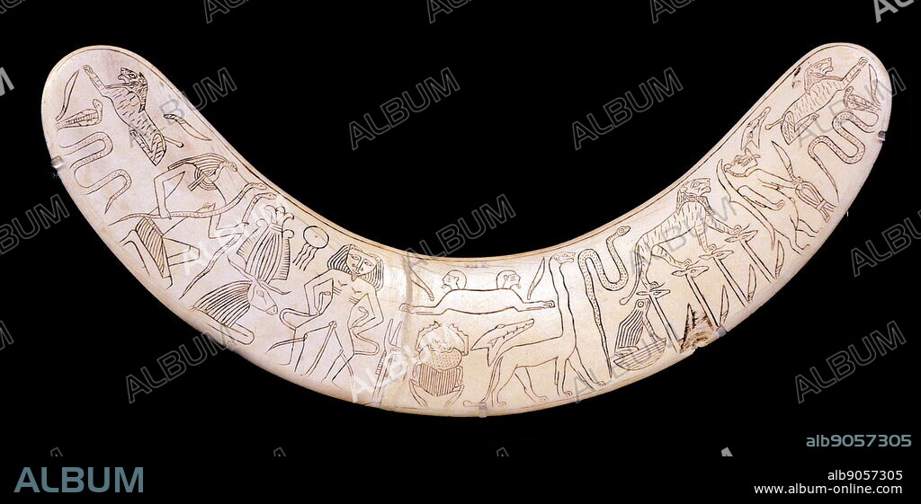 "Ivory wand or apotropaia; Egyptian, Late Middle Kingdom, about 1750 BC From Thebes. adorned with images of proactive forces. In life, they were used to defend the mother and child from hostile powers. They were also placed in tombs to protect the dead person at the time of rebirth.