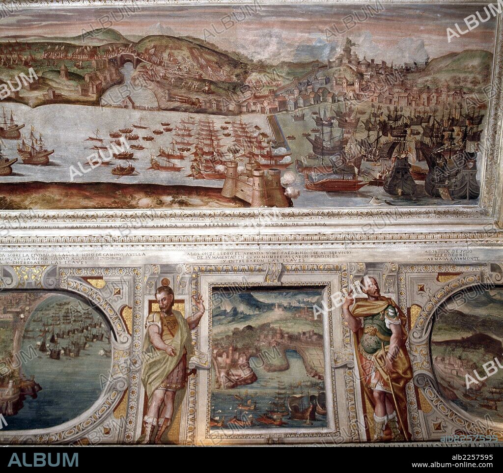 BAZAN , ALVARO DE. MILITAR ESPAÑOL . GRANADA 1526 - 1588. ENTRADA DE LA ESCUADRA ESPAÑOLA EN LISBOA. FRESCOS PICTORICOS QUE ILUSTRAN LA CAMPAÑA MARITIMA DE FELIPE II CONTRA PORTUGAL , AÑO 1580.. PALACIO DE SANTA CRUZ EN EL VISO DEL MARQUES . CIUDAD REAL.