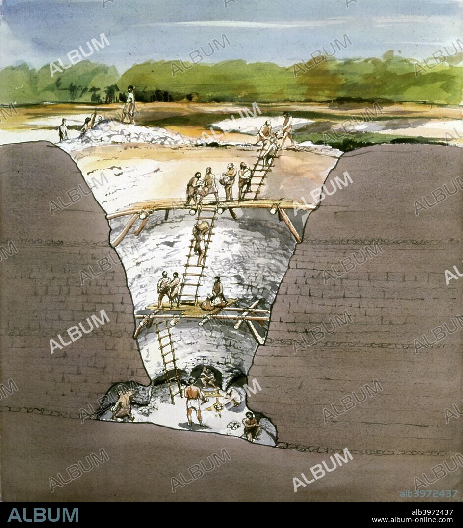 Cutaway Section through Grime's Graves, Neolithic Flint Mine, Norfolk, 1987. This reconstruction of what is probably the most widely explored and best known flint mine site in Britain is based on archaeological evidence from the excavations of 1971. Flint nodules are wrapped in animal skins and carried to the surface, with different people performing separate tasks.