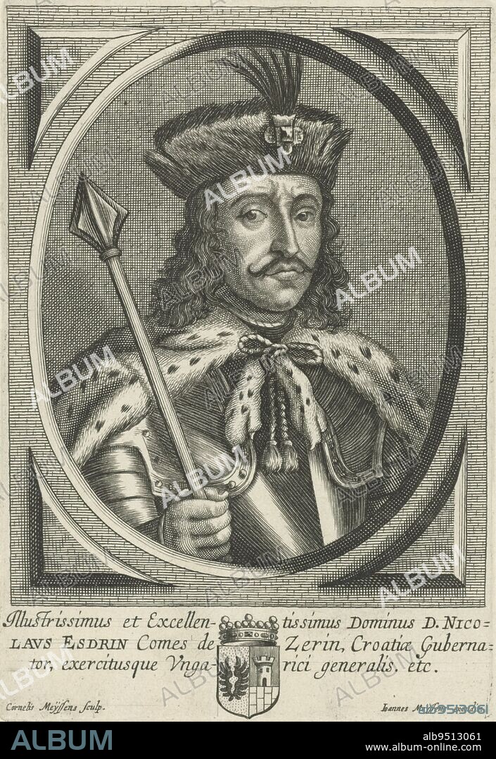 Portrait of Nicolaus Esdrin, Count of Serini and Governor of Croatia Below in the margin his coat of arms and his title in Latin, Portrait of Nicolaus Esdrin, Count of Serini, print maker: Cornelis Meyssens, (mentioned on object), publisher: Joannes Meyssens, (mentioned on object), Antwerp, 1650 - 1670, paper, engraving, h 174 mm × w 120 mm.