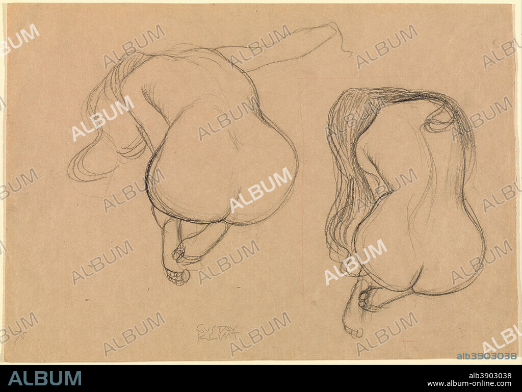 GUSTAV KLIMT. Two Studies of a Seated Nude with Long Hair. Date/Period: Ca. 1901 - 1902. Drawing. Black chalk and red pencil. Height: 317 mm (12.48 in); Width: 452 mm (17.79 in).