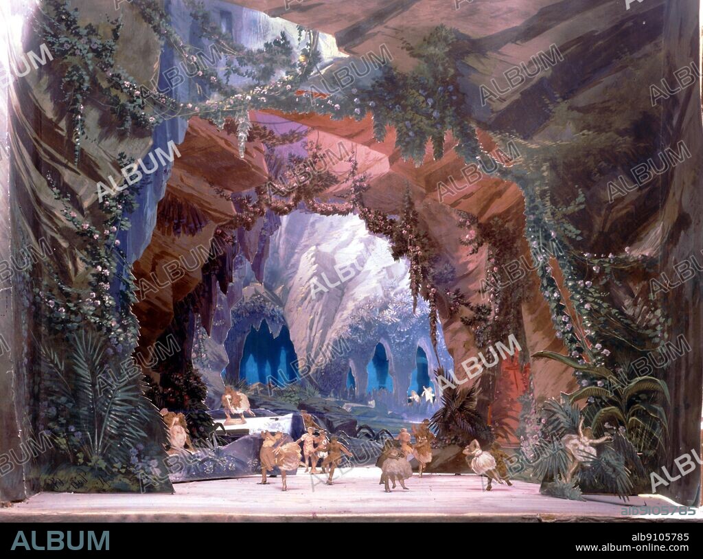 Stage model for Tannhäuser (Tannhaeuser) Set. Opera in Three Acts. Libretto and Music: Richard Wagner (1813-1883). The Dream King by Wilfrid Blunt and James Russell, page 74. According to German legend, Tannhäuser was a knight and poet, who found the Venusburg, or subterranean home of Venus. He spent a year there worshipping Venus.
