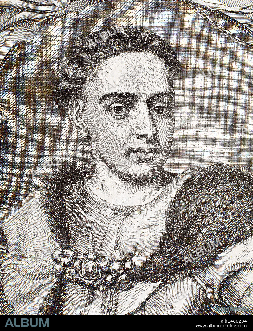 AUGUSTO II (Dresde,1670-Varsovia,1733). Elector de Sajonia (FEDERICO AUGUSTO II, 1694-1733) y rey de Polonia (1697-1733). Hizo una alianza con Pedro el Grande (1701), pero fue forzado por Carlos XII de Suecia a ceder el trono de Polonia a Estanislao I Leszczynski. Fue restituido después de la batalla de Poltava. Grabado.