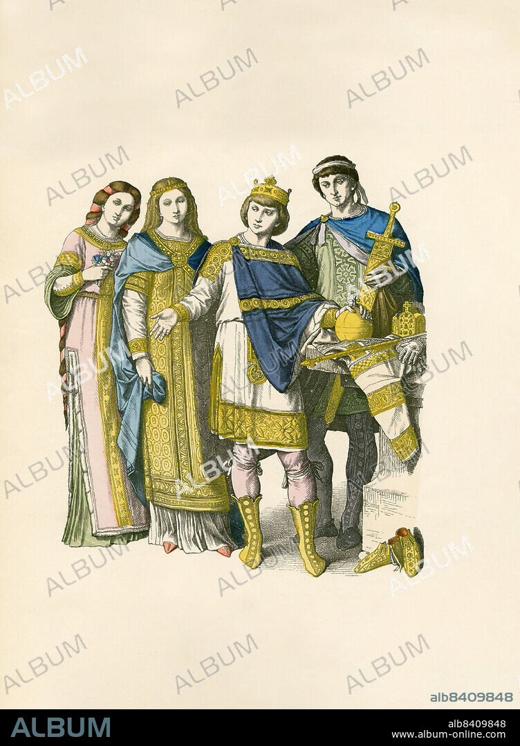 Frankish Court Dress, 5th to 10th Centuries, Illustration, The History of Costume, Braun & Schneider, Munich, Germany, 1861-1880.
