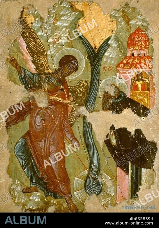 Icône serbe XVe-XVIe siècle. Le miracle de Chonae. (l'archange Michel détourne le cours d'un fleuve à la demande de saint Archippe). Détrempe sur bois. Belgrade, Musée National.