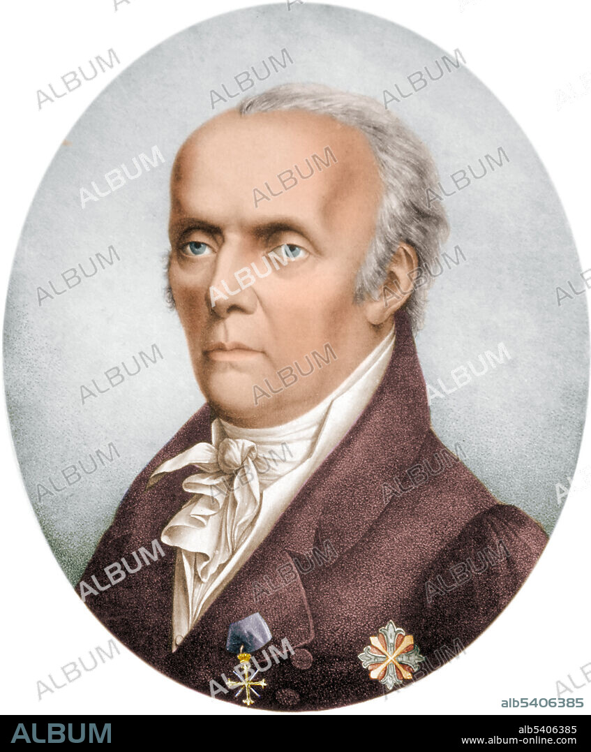 Johann Peter Frank (1745-1821) was a German physician and hygienist. Frank is credited with being the first physician to describe clinical differences between diabetes mellitus and diabetes insipidus. Lithograph by Adolph Friedrich Kunike, 1819. Colorized.
