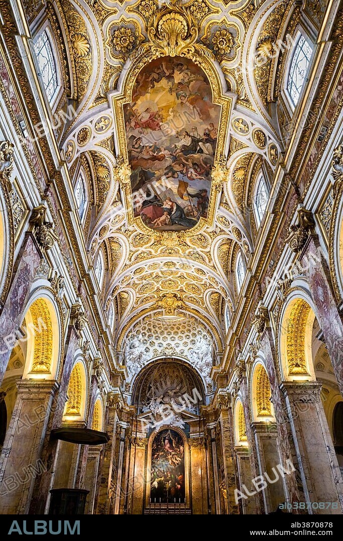 Nave with a ceiling fresco, Church of San Luigi dei Francesi or Church of Saint Louis of the French, Rome, Lazio, Italy, Europe.