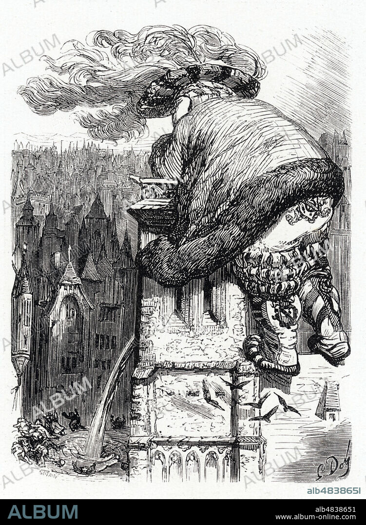 GARGANTUA urine ensuite sur les parisiens. Illustration de Gustave DORE (1832-1883) pour La vie tres horrifique du Grand Gargantua tiree de l'ouvrage Oeuvres de Francois RABELAIS (1483-1553). (Livre 1 Chapitre XVII). Edition de 1873. Credit : Collection KHARBINE-TAPABOR.