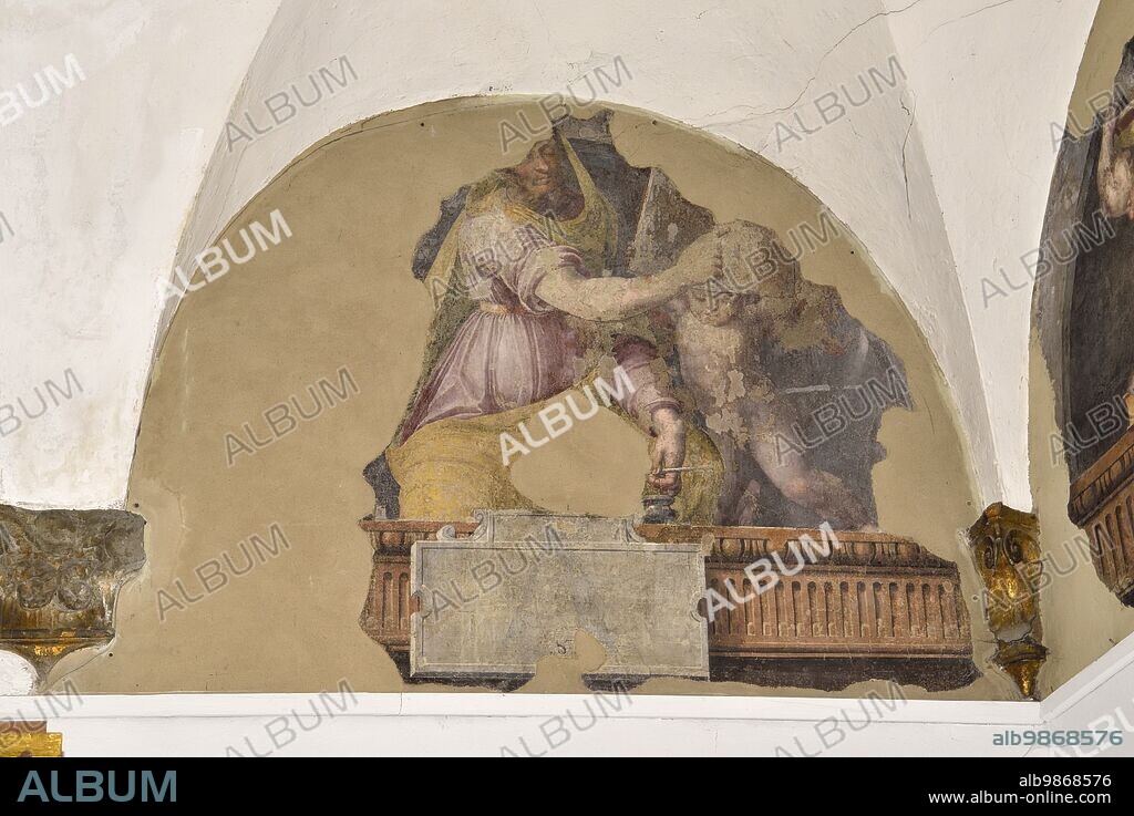Urbania (Italy, Marche - province of Pesaro-Urbino), Corpus Domini Oratory. Raffellino del Colle, cycle of frescoes in the lunettes with Sibyls alternating with Prophets (counter-façade).