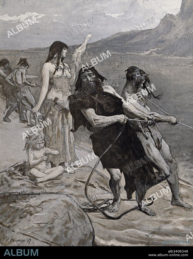 Cite Lacustre, 1897. By French artist and illustrator, Fernand Cormon (Fernand-Anne Piestre, 1845 - 1924). . Collotype after a watercolour on wove paper. Cite Lacustre was a Neolithic village in the Jura.