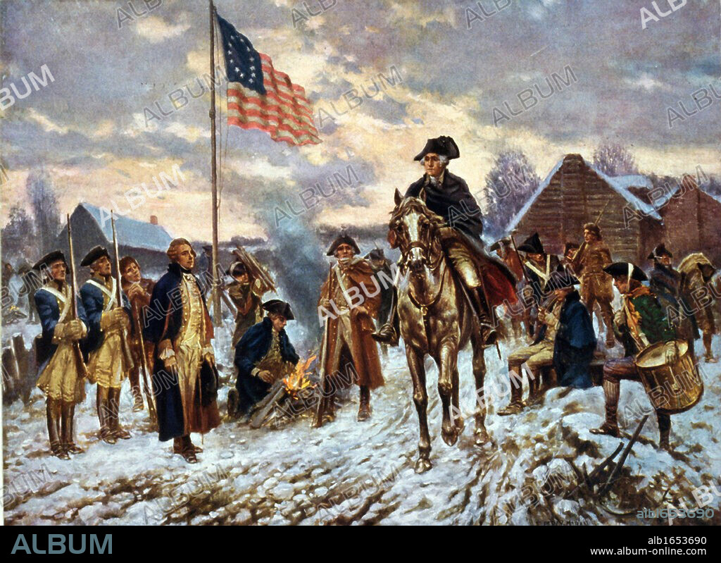 Revolutionary War 1775-1783 (American War of Independence): 'Washington at Valley Forge', Pennsylvania, l December 1777 the site he chose for the winter quarters of the (American) Continental Army. After painting by Edward P Moran (1862-1935).