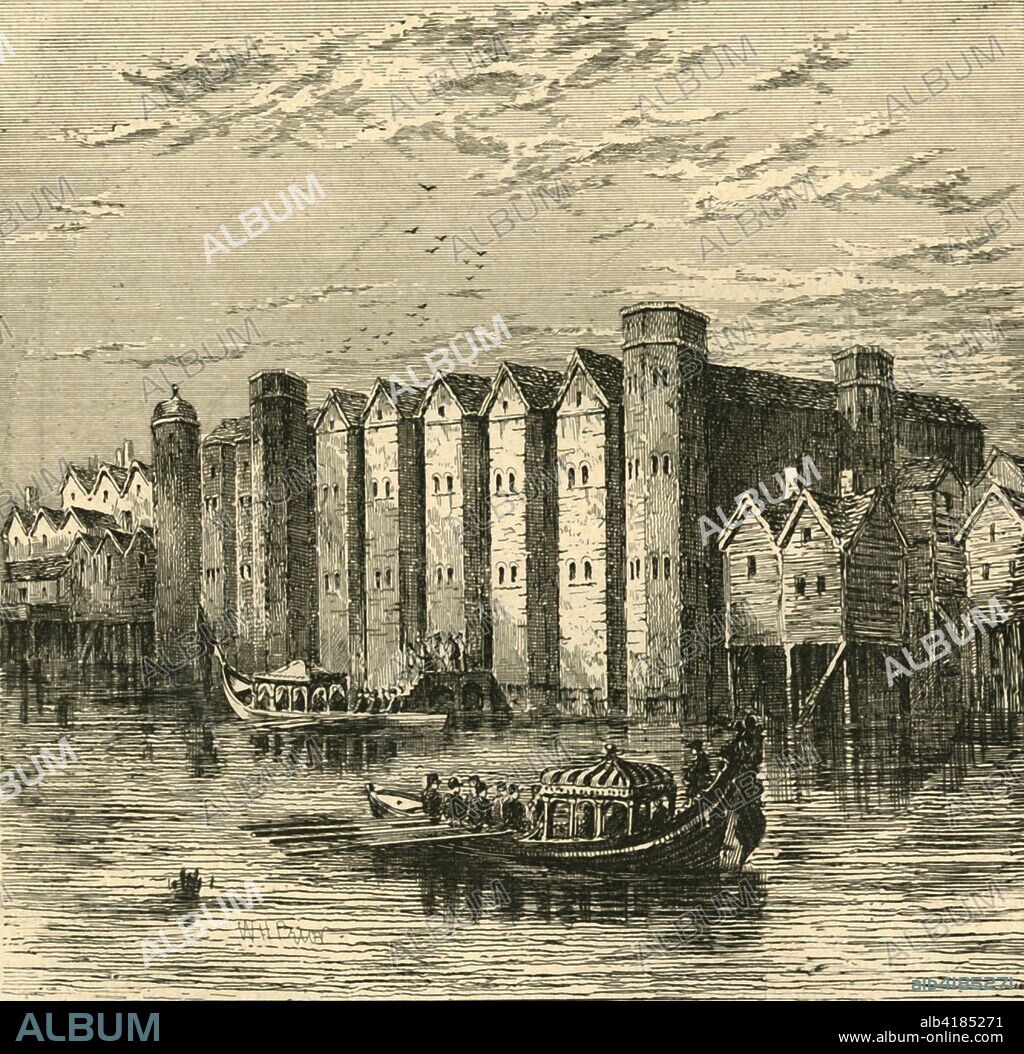 'Baynard's Castle, from a view published in 1790', (1897). Baynard's Castle refers to buildings on two neighbouring sites fronting the River Thames in the City of London. The first building was a Norman fortification constructed by Ralph Baynard and demolished by King John in 1213. It was reconstructed as a royal palace by Henry VII at the end of the 15th century. Henry VIII gave it to Catherine of Aragon on the eve of their wedding. Baynard's Castle was left in ruins after the Great Fire of London in 1666, although fragments survived into the 19th century. From Old and New London, Volume I, by Walter Thornbury. [Cassell and Company, Limited, London, Paris & Melbourne, 1897].