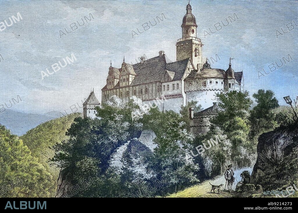 Falkenstein Castle, formerly also called New Falkenstein Castle to distinguish it from Falkenstein Castle, is a German hilltop castle in the Harz low mountain range from the High Middle Ages, Germany, Historical, digitally restored reproduction from a 19th century original, Europe.