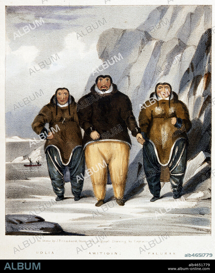 Groupe d'esquimaux. Illustration tiree de l'ouvrage de John ROSS (1777-1856) 'Narrative of a 2nd voyage... North-East passage', publie en 1835 (19eme, XIXe, 19e s.). Ouvrage conserve aux Archives et Bibliotheque de la Marine, a Vincennes. Credit : collection JEAN VIGNE /Kharbine-Tapabor.