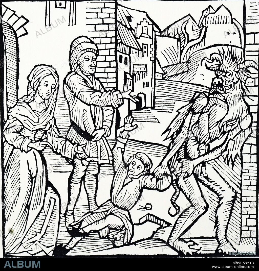 Woodcut engraving depicting The Devil carrying off a child promised to him by it's parents in a pact. Dated 15th century.