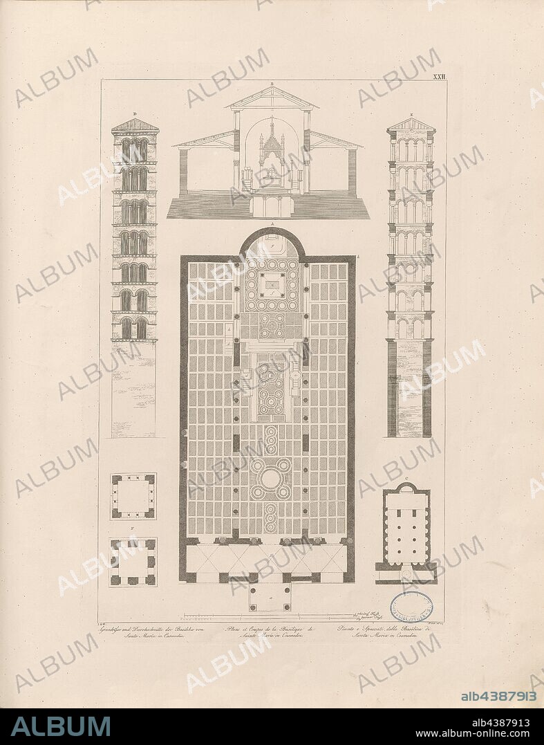 Floor plans and sections of the Basilica of Santa Maria in Cosmedin, Basilica Minor Santa Maria in Cosmedin in Rome, signed: I. G. G, Taf. XXII, after S. 6, Christian Karl Josias von Bunsen: Die Basiliken des christlichen Roms: nach ihrem Zusammenhange mit Idee und Geschichte der Kirchenbaukunst. Bd. 2. München: Literarisch-artistische Anstalt der J. G. Cotta'schen Buchhandlung, [1824].