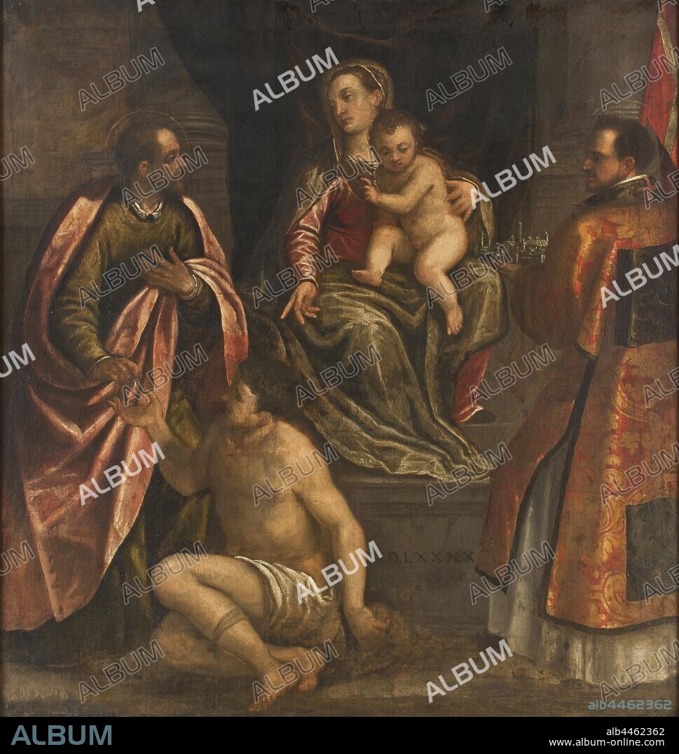 Attributed to Alessandro Maganza, The Virgin and Child with St Martin and St Petronius, Madonna with the child and St Martin and St Petronius, painting, 1590, oil on canvas, Height, 200 cm (78.7 inches), Width, 190, cm (74.8 inches), Dated.