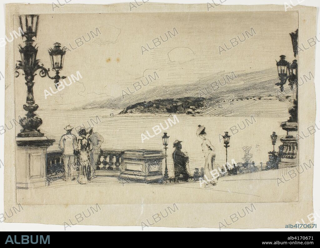 THéODORE ROUSSEL. Study for The Terrace, Monte Carlo. Theodore Roussel; French, worked in England, 1847-1926. Date: 1905-1906. Dimensions: 151 × 226 mm (image/plate); 180 × 245 mm (sheet). Graphite over drypoint in black on tan Japanese paper. Origin: England.