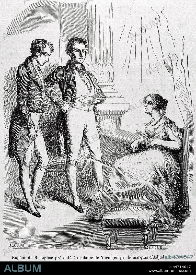 'Eugene de Rastignac presente a madame de Nucingen par le marquis d'Adjuda'. Illustration par LAMPSIONIUS du Pere Goriot de BALZAC (1799-1850), edition de 1867. Credit : Collection Dom/KHARBINE-TAPABOR.
