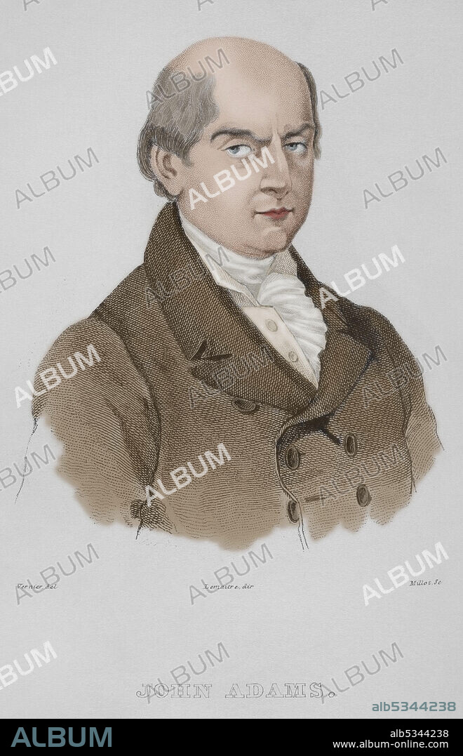 John Adams (1735-1826). Político estadounidense y segundo presidente de los Estados Unidos de América (1797-1801). Grabado por Vernier. Panorama Universal. Historia de los Estados Unidos de América, por Roux de Rochelle. Edición española, impresa en Barcelona, 1850. Coloreado.