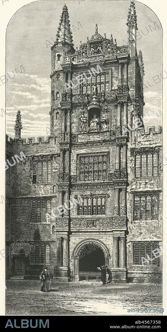 'Tower in the Schools' Quadrangle', c1870. Tower of the Five Orders at the Bodleian Library in Oxford built between 1613 and 1619 and named after  its ornamented columns of the five orders of classical architecture, in ascending order: Tuscan, Doric, Ionic, Corinthian and Composite.  From "Picturesque Europe - The British Isles, Vol. II". [Cassell, Petter & Galpin, London, c1870].