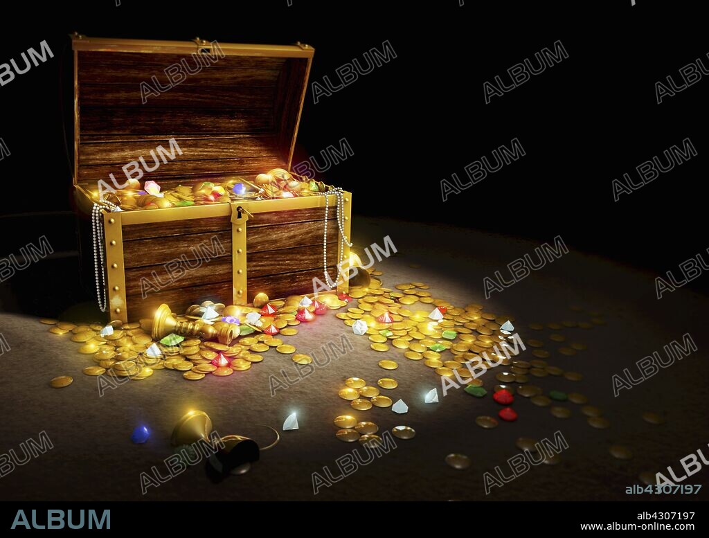 Gold coins and jewels spilling from treasure chest.