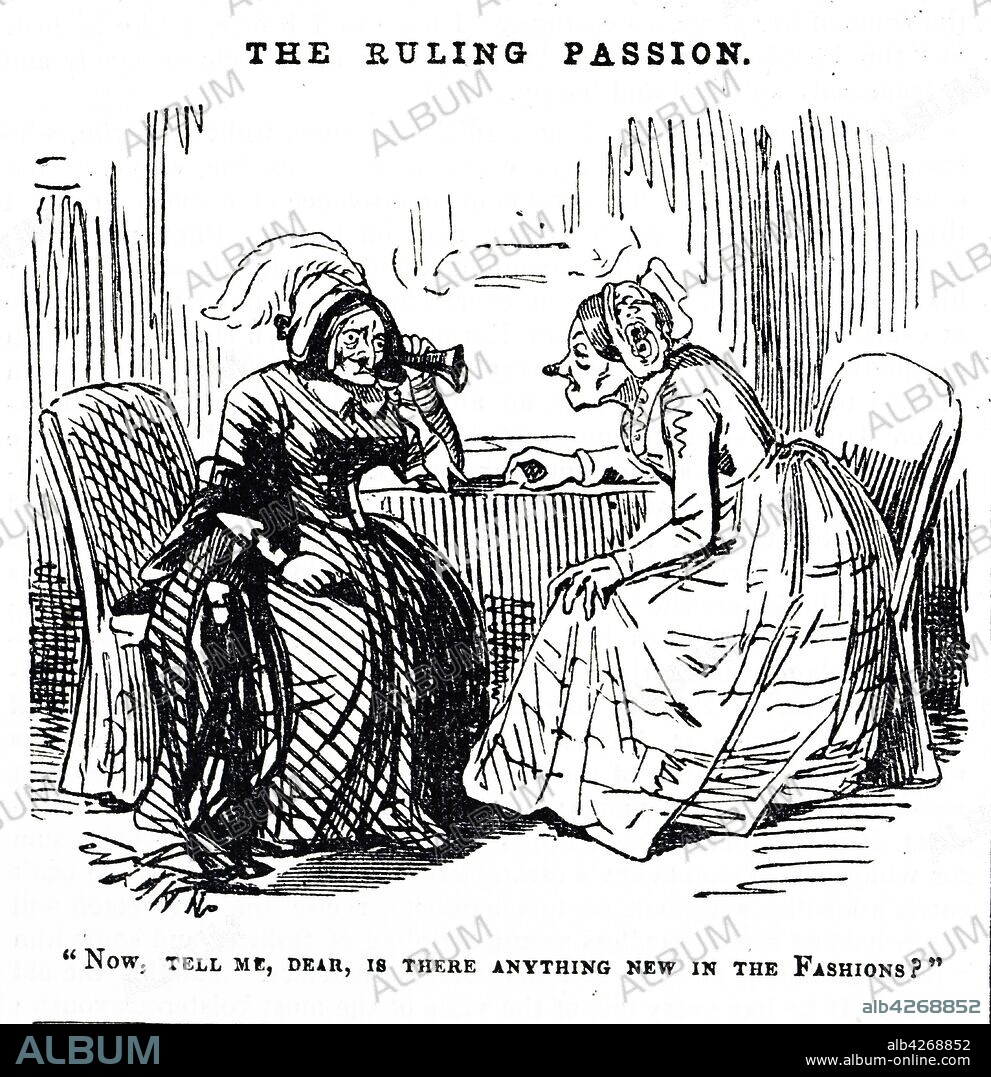 Cartoon depicting an old lady using an ear trumpet. An ear trumpet, a tubular or funnel-shaped devices which collect sound waves and lead them into the ear. Dated 19th century.