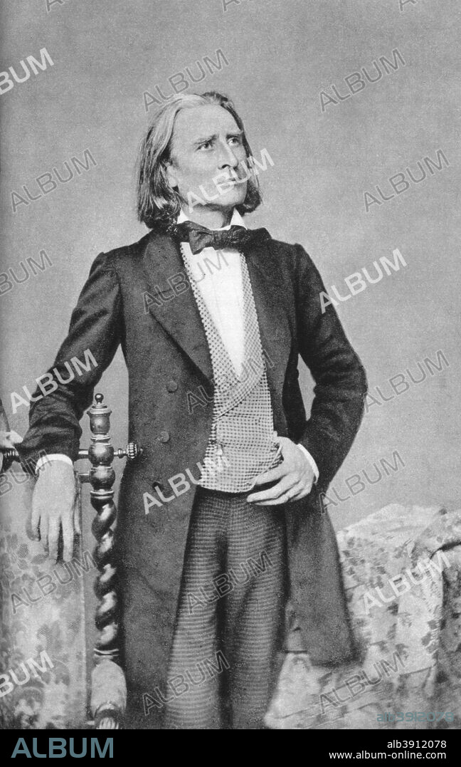 Franz Liszt (1811-1886), 19th-century Hungarian composer, pianist, conductor and teacher. A print from Les Musiciens Celebres, Lucien Mazenod, Paris, 1948.