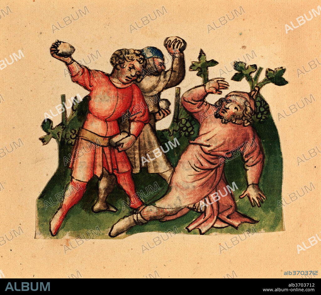 AUSTRIAN 15TH CENTURY. A Stoning. Dated: c. 1420/1430. Dimensions: image: 7.5 x 9.2 cm (2 15/16 x 3 5/8 in.). Medium: pen and ink with watercolor; fragment from Bible MS (German text on image verso); image cut in silhouette and mounted on backing sheet.