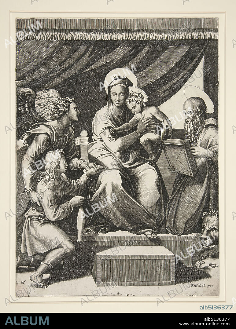 Artist School of: Marcantonio Raimondi, Italian, ca. 1480ca. 1534, After: Marco Dente da Ravenna, Italian, 14801527, Virgin and Child with Tobias and the Angel and St. Jerome, 16th century, Engraving, platemark: 29.1 × 21.3 cm (11 7/16 × 8 3/8 in.), Italian, 16th century, Works on Paper - Prints.