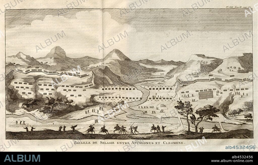 Battle of Selasia between Antigonus and Cleomene, Battle of Sellasia between the Macedonian troops under Antigonus and the Spartans under Cleomenes III, Pl. XIII, Tom., III, page 282, to p. 282, 1774, Polybius; Vincent Thuillier; Jean Charles de Folard: Histoire de Polybe. Tome 3; Amsterdam: Arkstée et Merkus, MDCCLXXIV [1774].